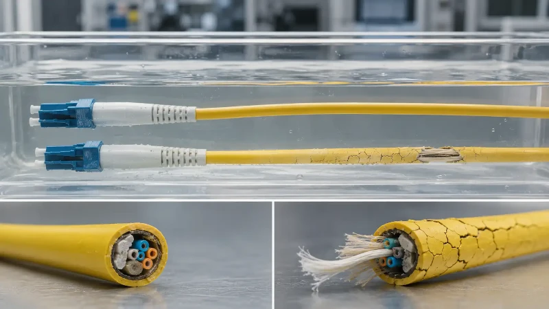 Damaged fiber cable jacket exposed to dielectric coolant Damaged fiber cable jacket exposed to dielectric coolant