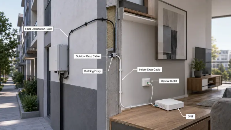 FTTH drop cable route from a fiber distribution point through the building entry to a home ONT FTTH drop cable route from a fiber distribution point through the building entry to a home ONT