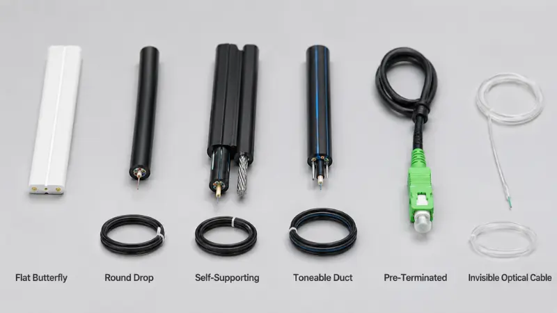 Comparison of flat, round, self-supporting, toneable, pre-terminated and invisible FTTH drop cables Comparison of flat, round, self-supporting, toneable, pre-terminated and invisible FTTH drop cables
