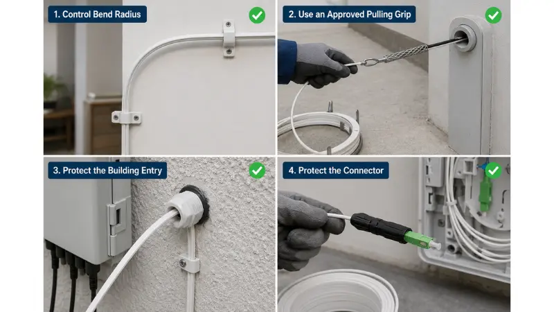 Correct FTTH drop cable installation practices for bending, pulling, wall entry and connector protection Correct FTTH drop cable installation practices for bending, pulling, wall entry and connector protection