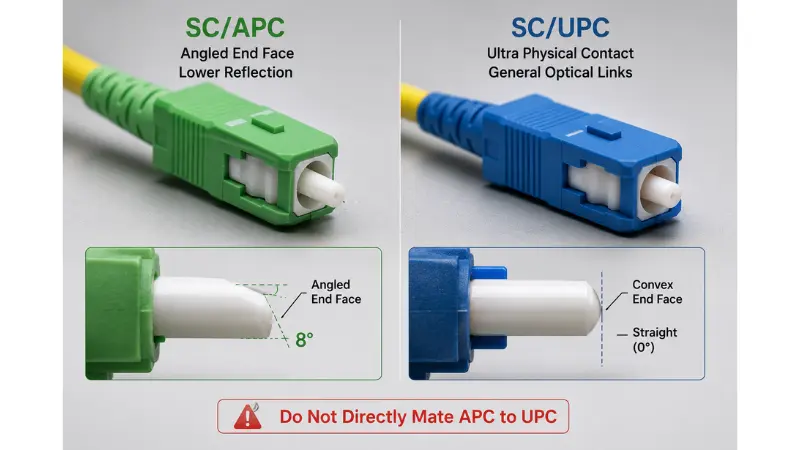 SC APC and SC UPC fiber connectors with different end-face geometries and colors SC APC and SC UPC fiber connectors with different end-face geometries and colors