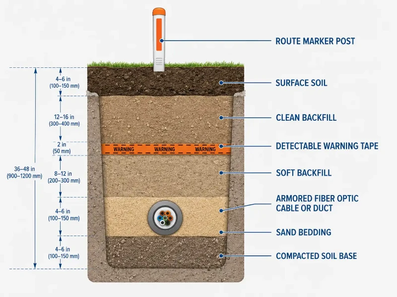 Fiber optic cable trench protection layers Fiber optic cable trench protection layers